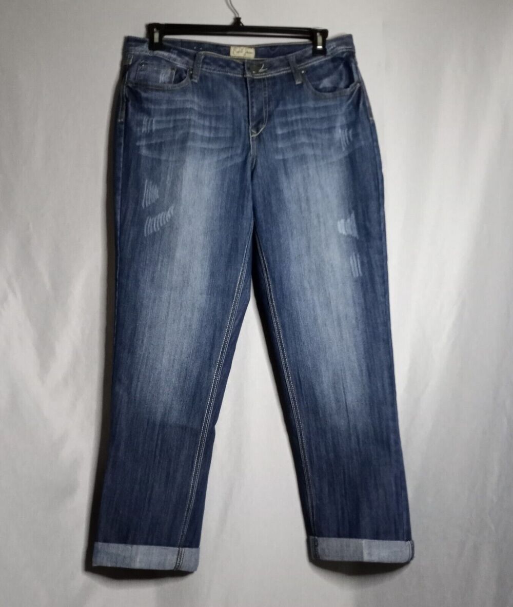 Earl Jean Jeans Womens 14 Roll Hem Ankle Distressed Medium Wash Denim Casual